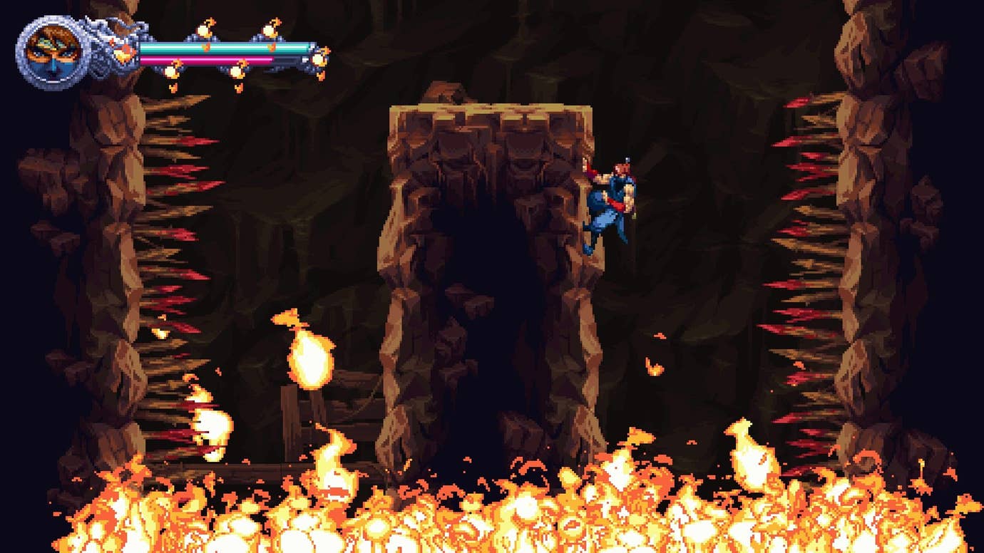 A ninja clambers away from flames.